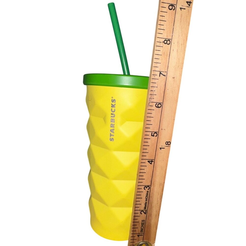 Starbucks Yellow Diamond Textured Tumbler With Green Lid & Straw 16 Oz BPA-Free - Picture 3 of 4